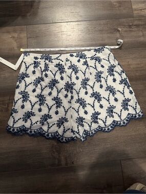 Aqua White Shorts with Navy Floral Embroidery